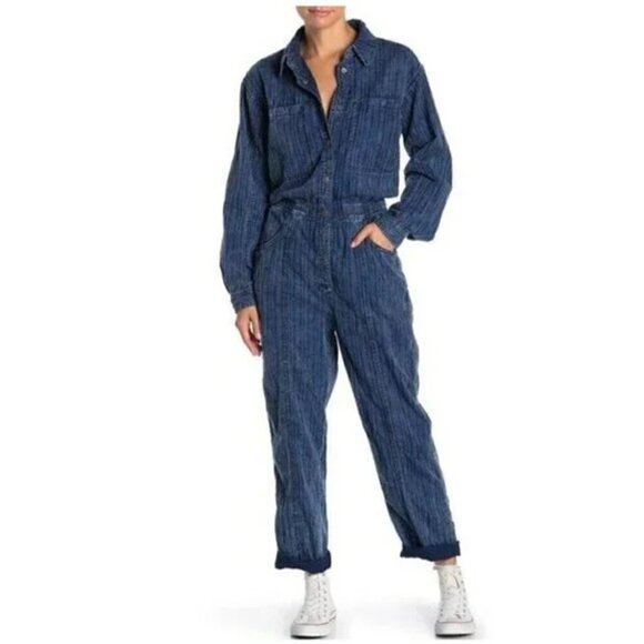 Free People Ari Denim Jumpsuit S Coverall Boiler Suit 90s Utility Loose Fit Blue - Picture 7 of 11